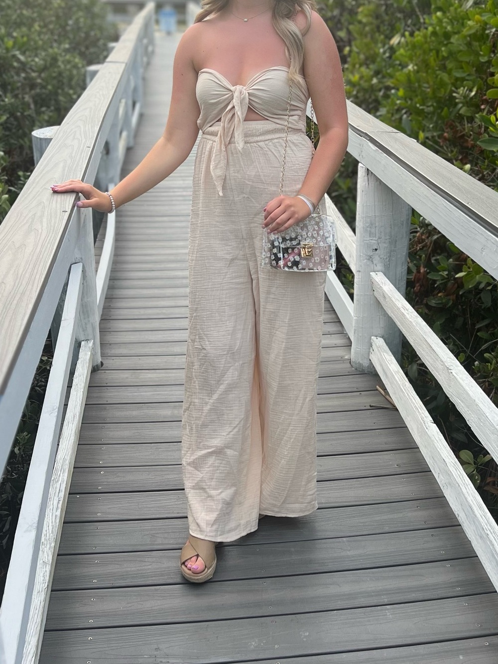 Women's Cream Strapless Tie-Front Jumpsuit